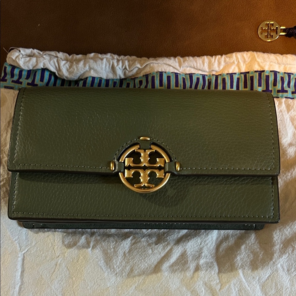 Tory Burch Sage Green Leather Clutch